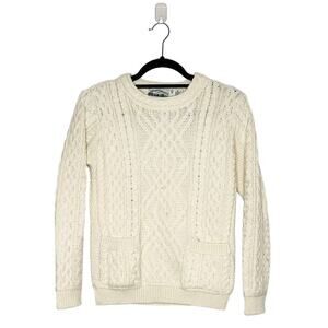 Aran Crafts Cable Knit Wool Sweater Women's Made in Ireland Cream XS